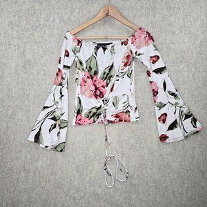 Polly & Esther Womens Floral Bell-Sleeve Off-Shoulder Top White/Pink Size M